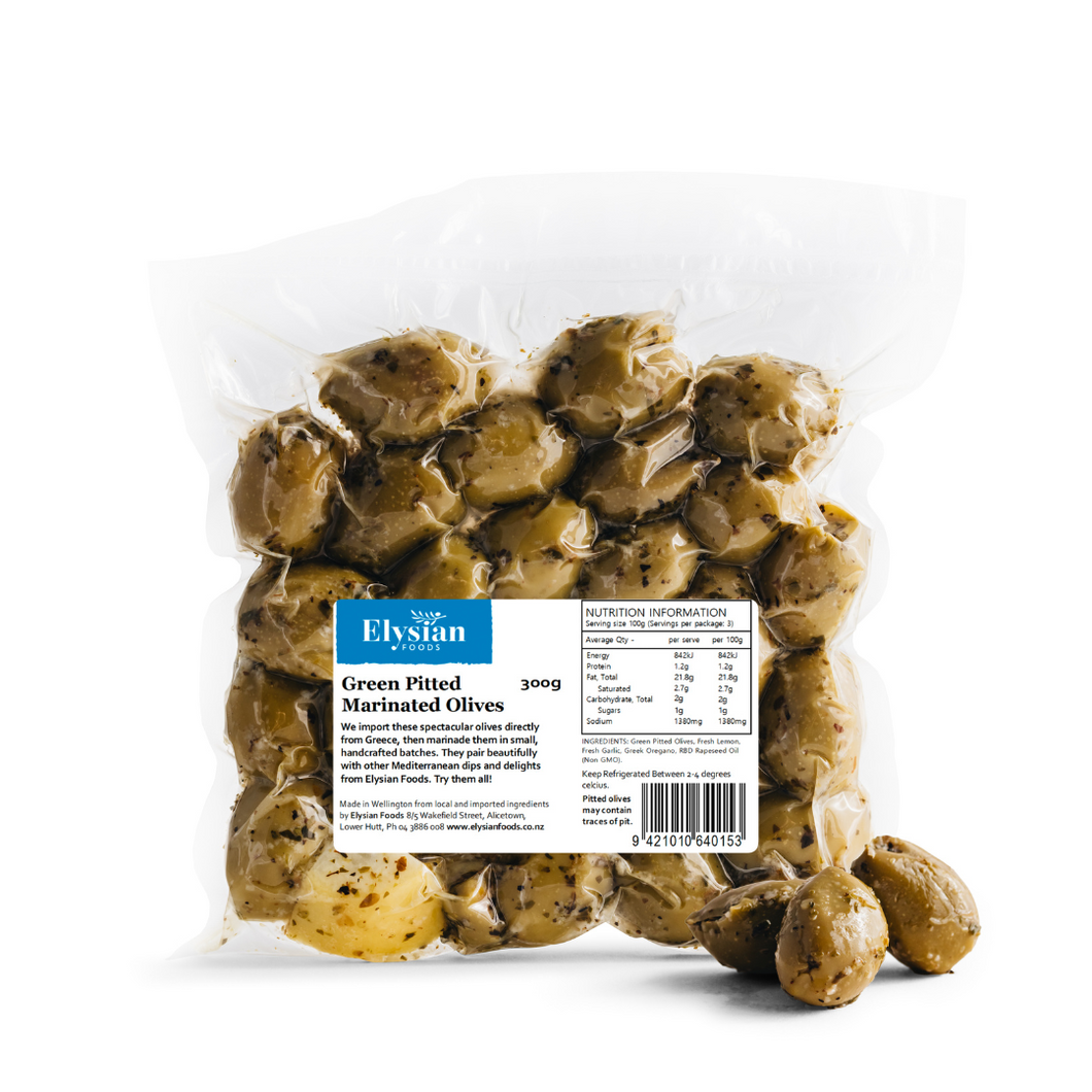 Green Pitted, Lemon & Oregano Marinated Olives